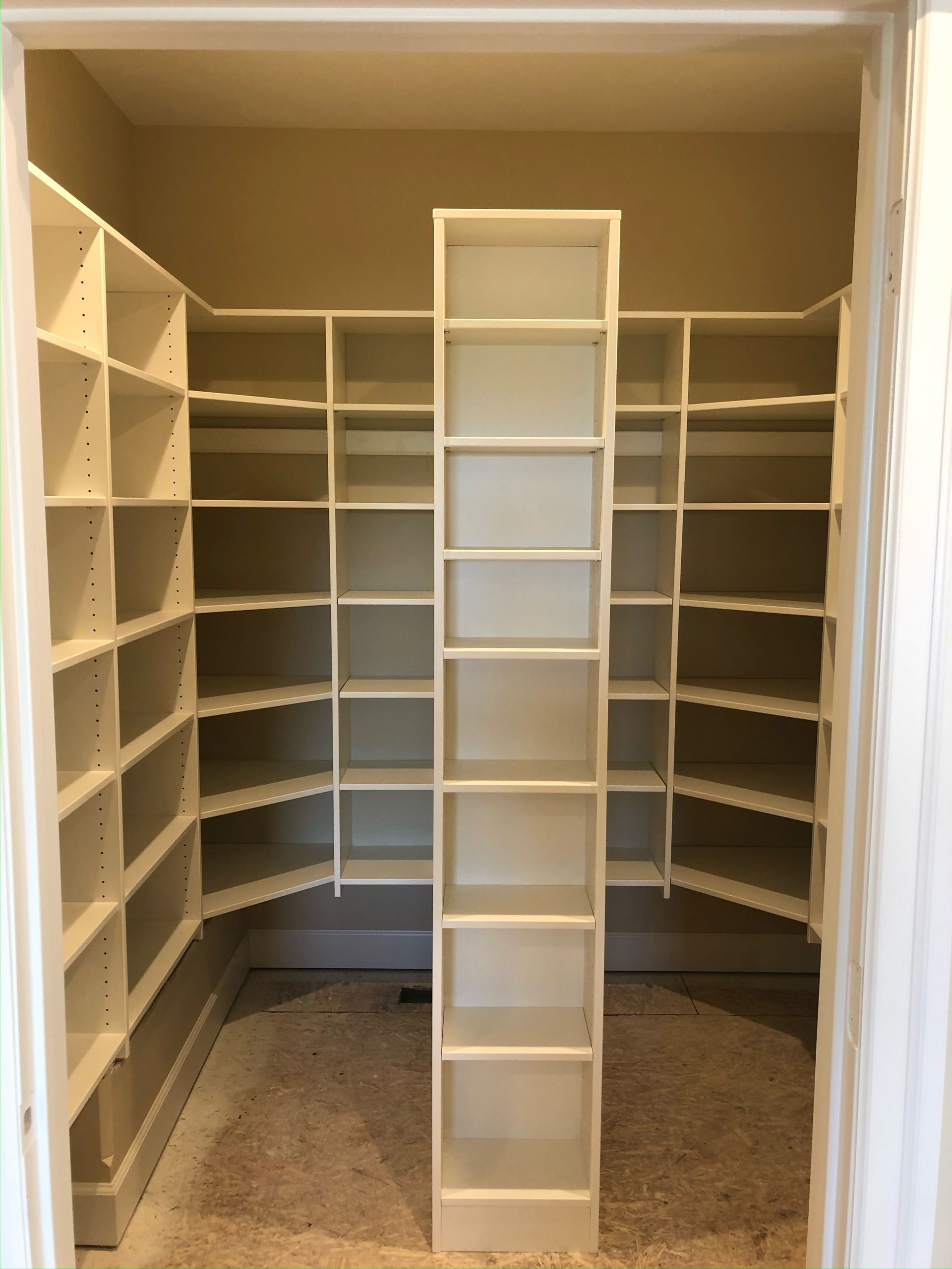 Empty white shelving unit inside of a walk-in closet with light tan carpet.