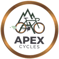 Logo for Apex Cycles featuring a bicycle silhouetted against a mountain range within a circular gold border.