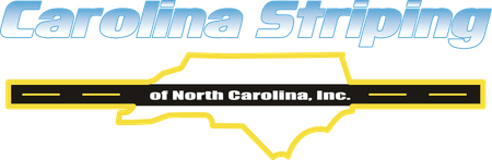 Logo for Carolina Striping of North Carolina, Inc., featuring a yellow map outline over a black road striping graphic.