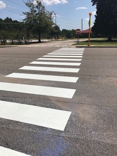White striped crosswalk on an empty paved road under a blue sky, with trees and a stop sign in the distance