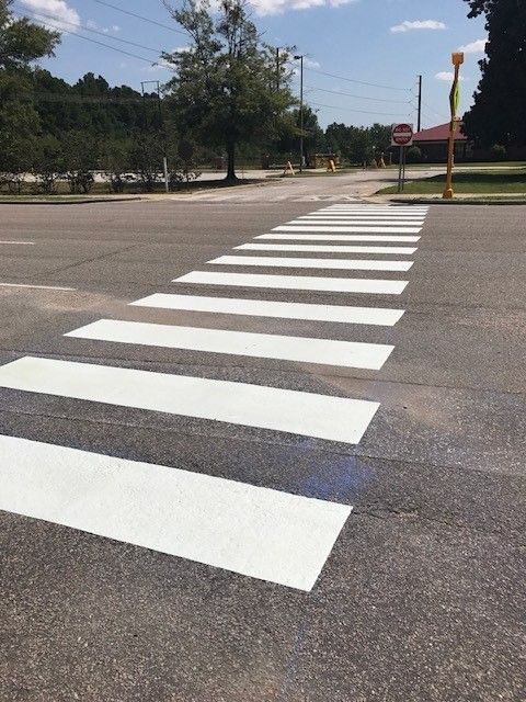 Painted white crosswalk stripes on an empty asphalt road beside trees and a park-like area