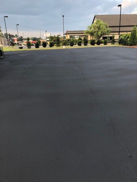 Empty blacktop parking lot with buildings, trees, and lampposts in the background