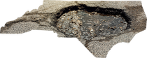 A shape of North Carolina filled with asphalt, depicting a large, water-filled pothole within the state's borders.
