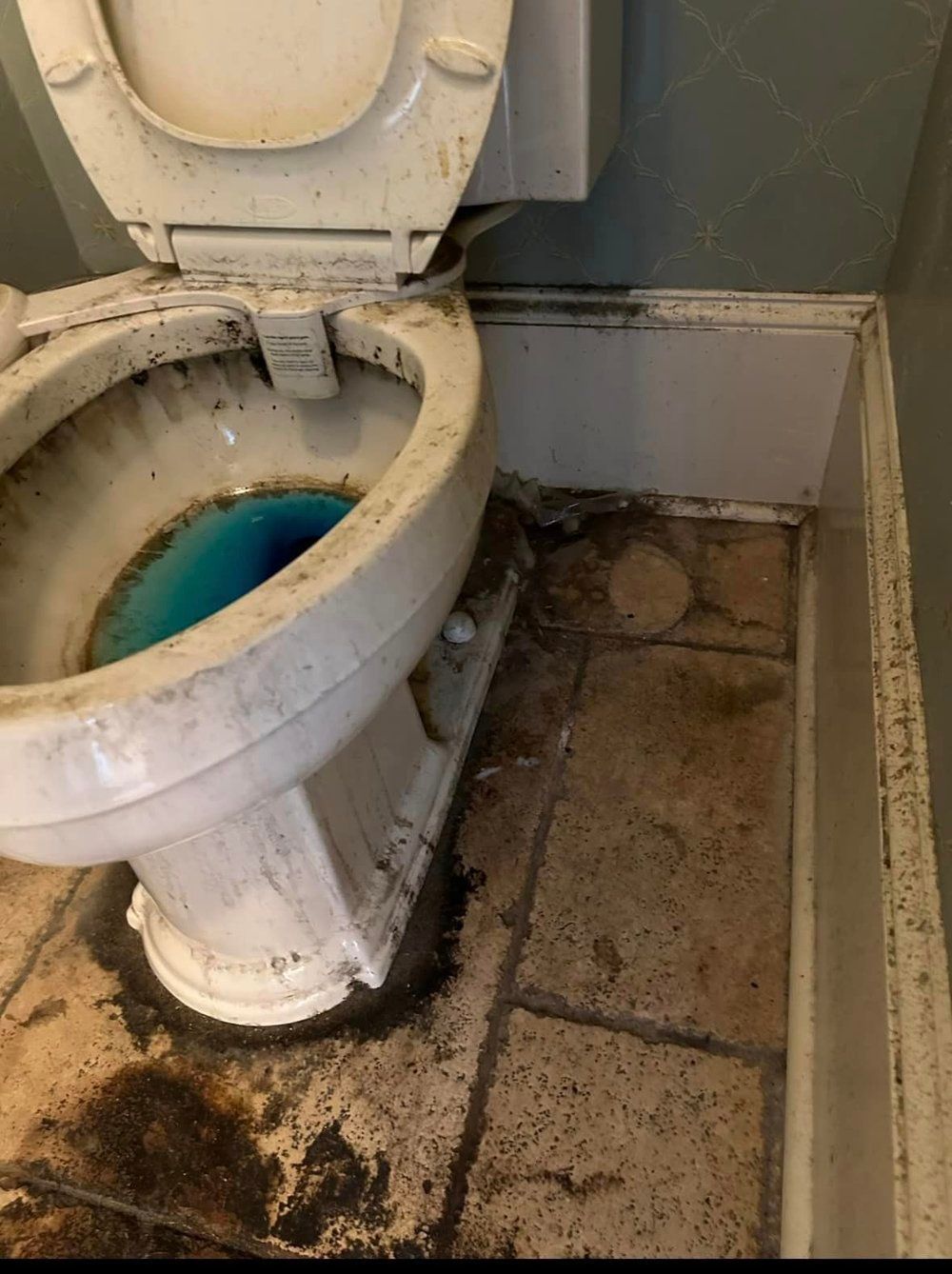 A dirty toilet is sitting on a tiled floor in a bathroom.