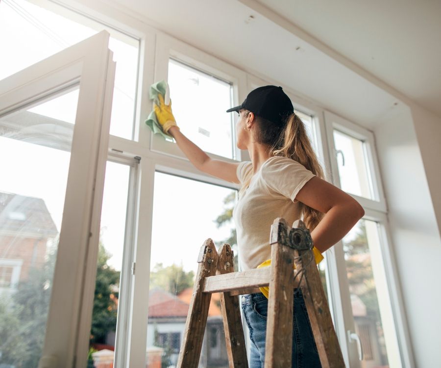 A woman is standing on a ladder cleaning a window.