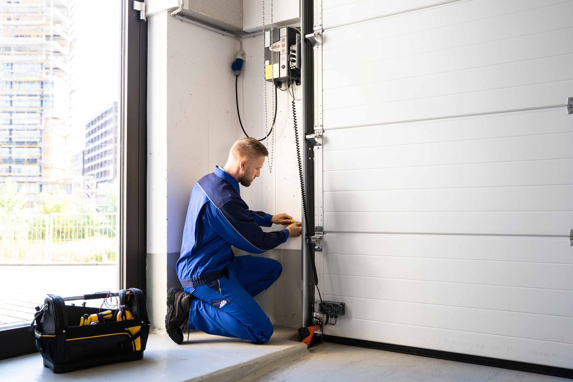 Technician in blue coveralls working on a garage door mechanism beside a tool case.