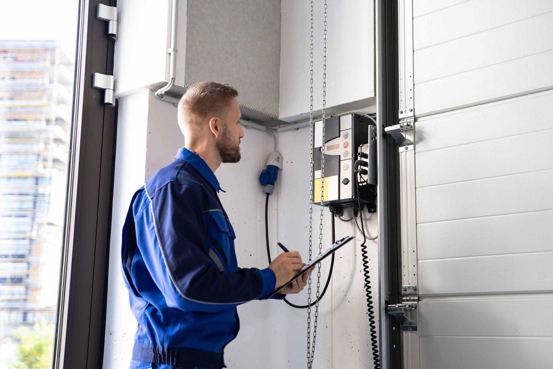Technician in blue coveralls inspecting an electrical control panel in a industrial facility