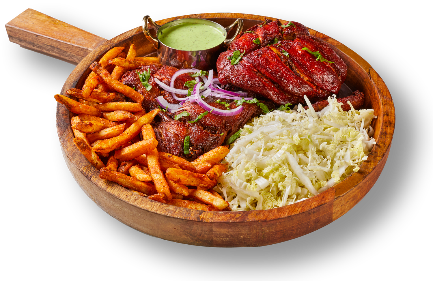 A wooden tray filled with meat , french fries , cabbage and sauce.