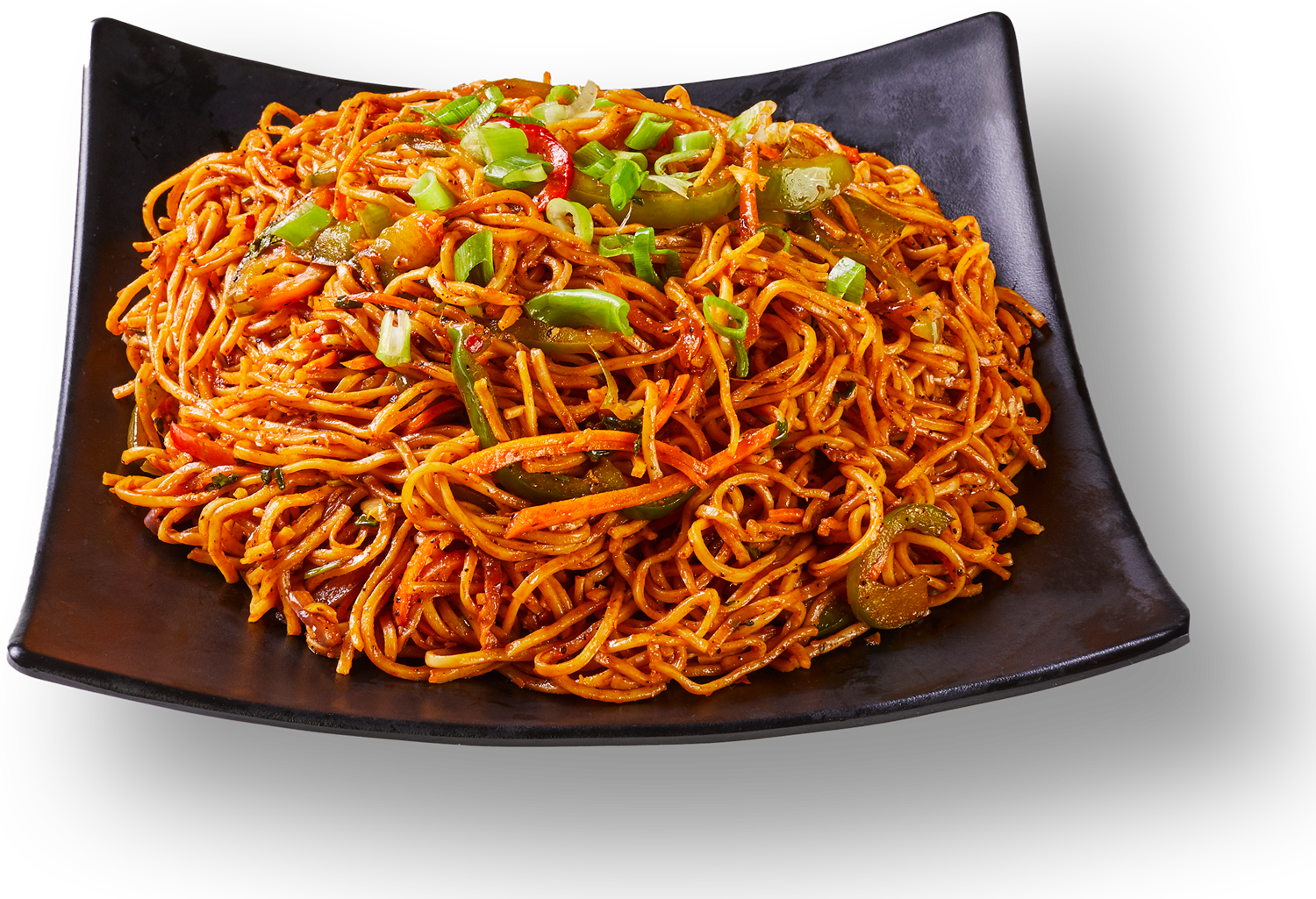 A black plate topped with noodles and vegetables on a white background.