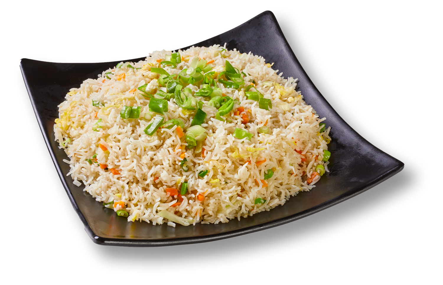 A black plate topped with rice and vegetables on a white background.