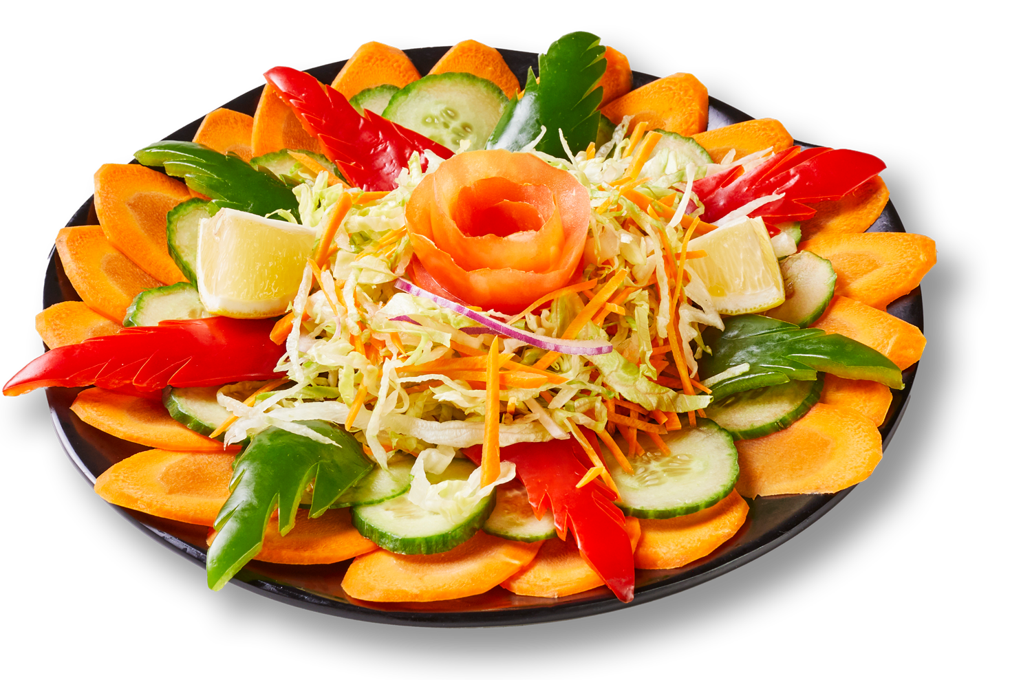 A salad with carrots , cucumbers , peppers and cabbage on a plate.
