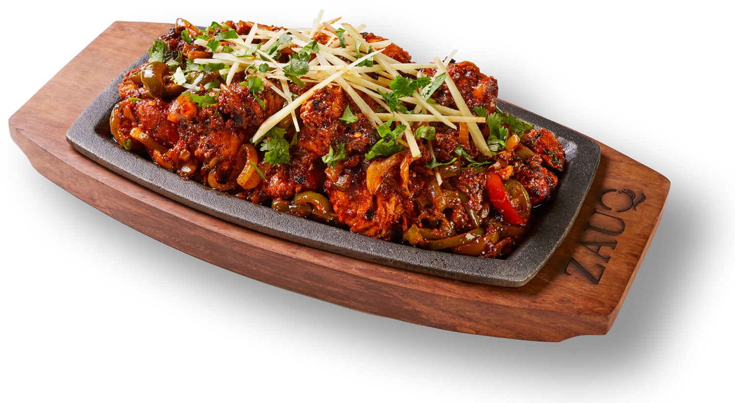 A plate of food on a wooden tray on a white background.
