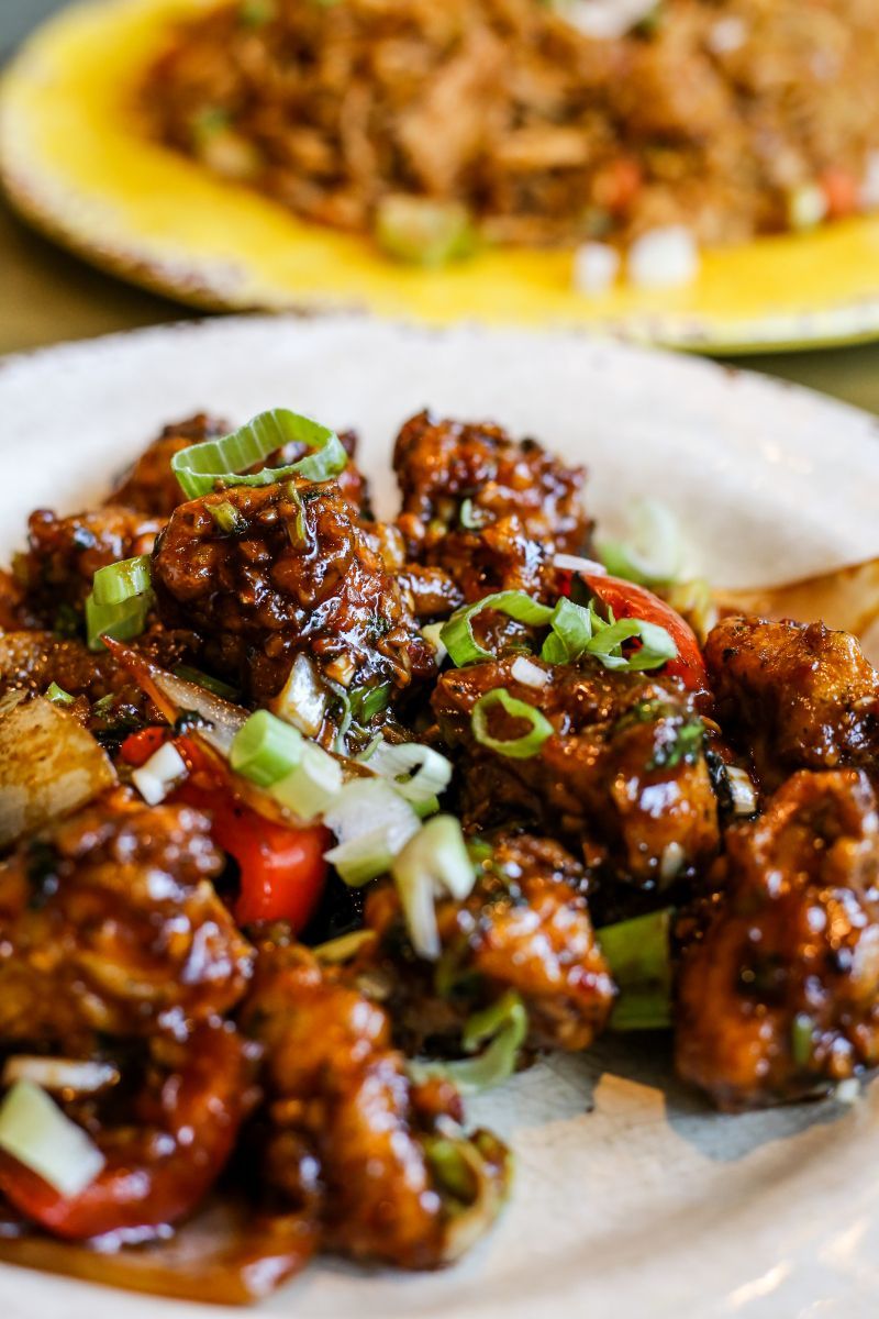 A close up of a plate of food on a table.