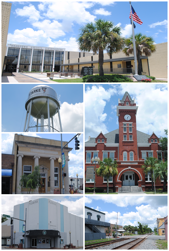 Collage of buildings in Palatka, Florida: courthouse, water tower, bank, theater, train tracks, and American flag.