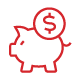 Red outline of a piggy bank with a dollar coin, symbolizing savings.