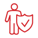 Red outline of a person holding a shield with a checkmark, symbolizing protection or security.
