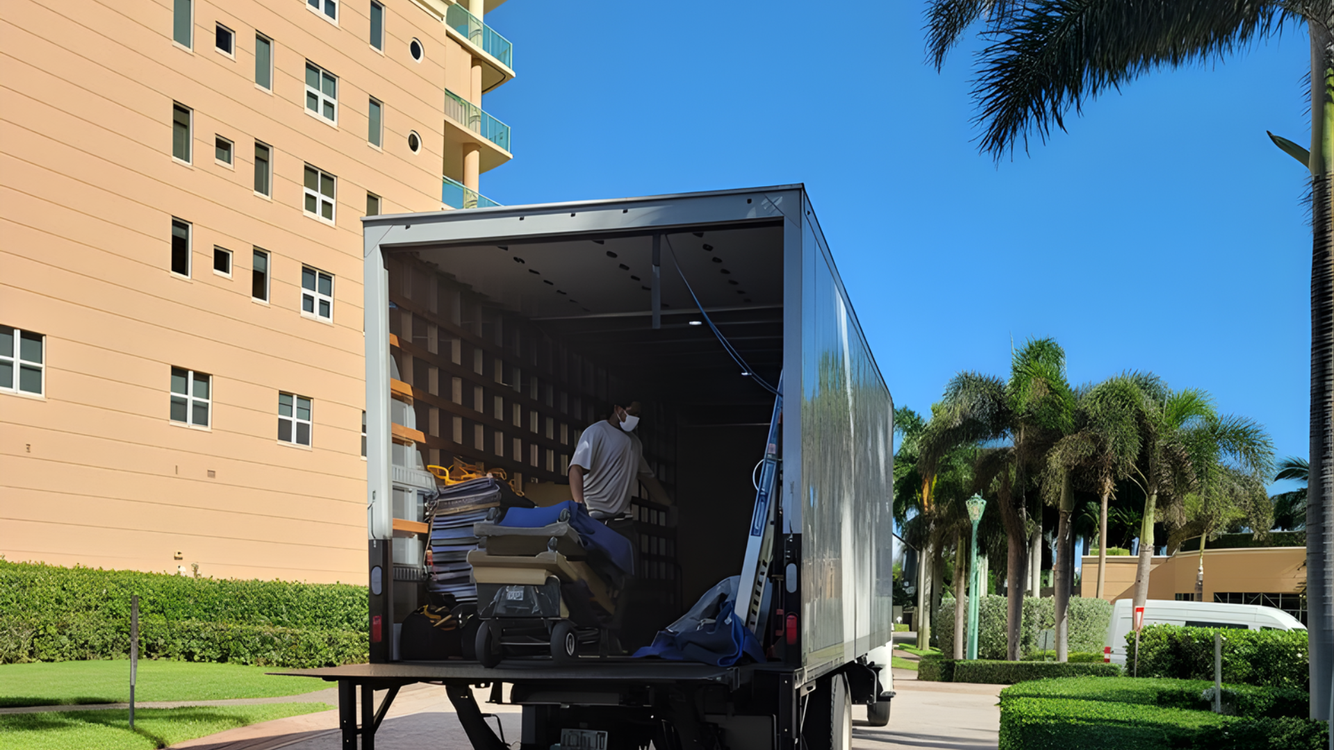 Stacked moving boxes and luggage beside a white floor lamp in a bright room