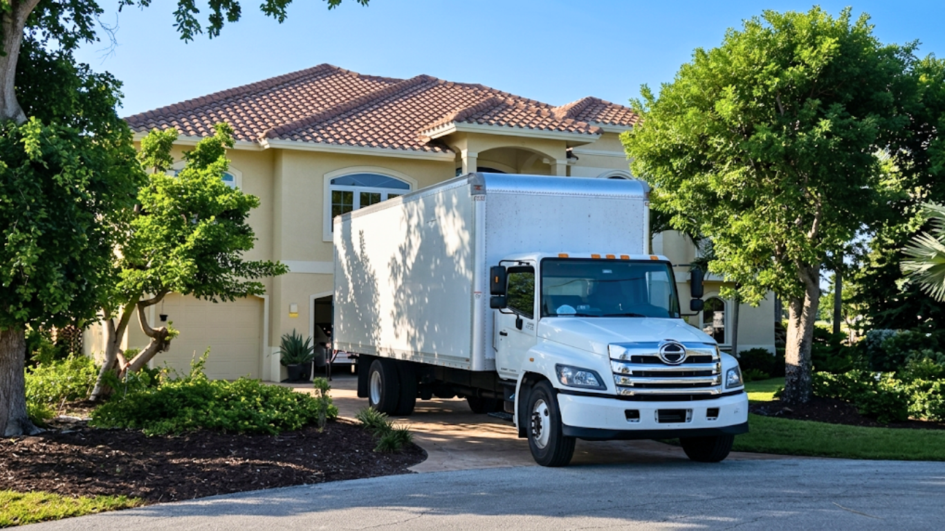 White moving truck parked in front of a suburban house with trees and landscaping