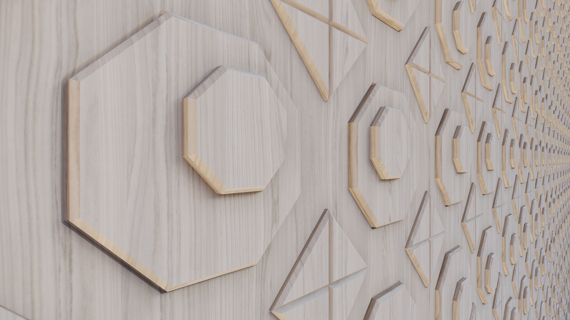 A close up of a wooden wall with geometric shapes on it.