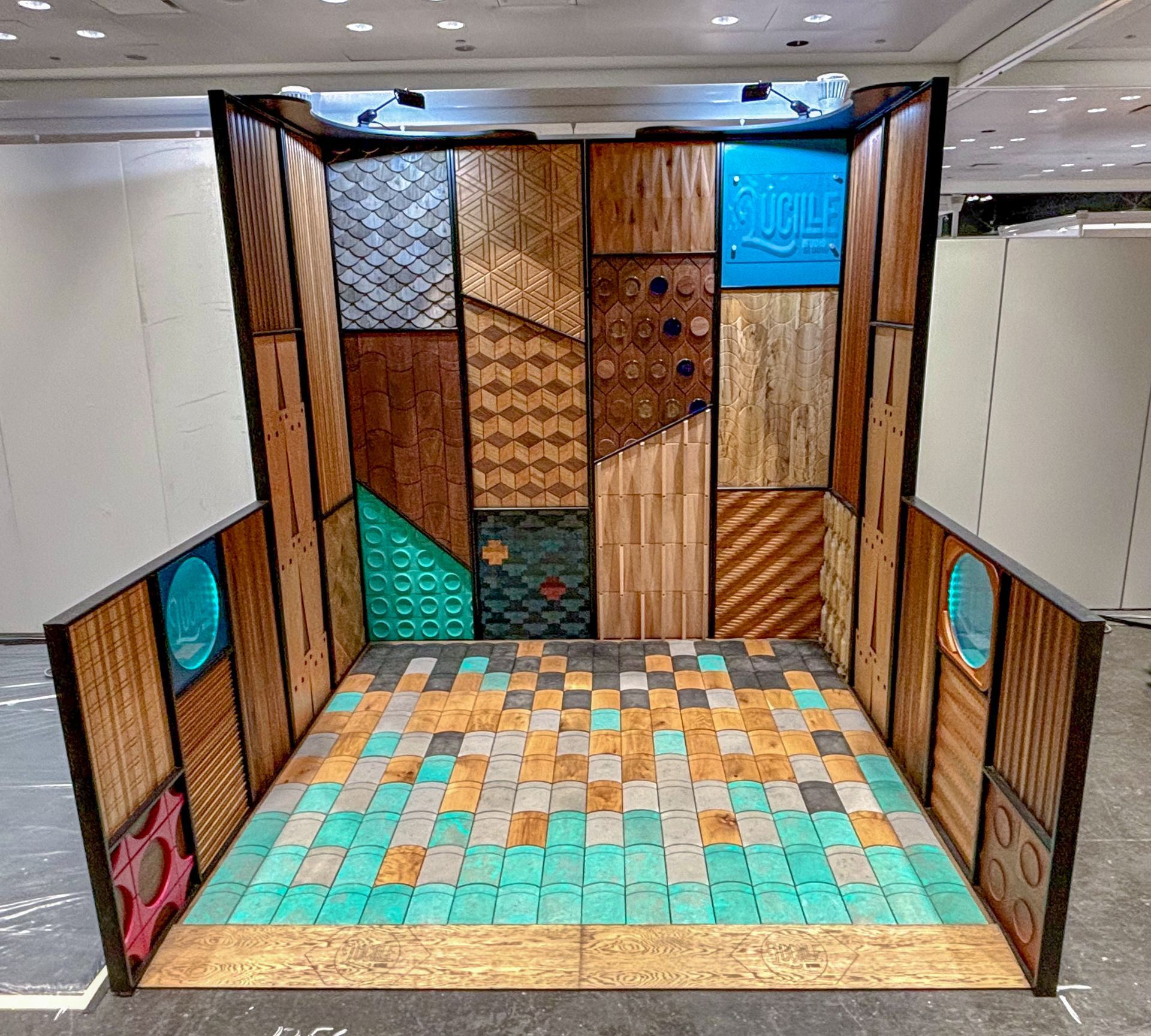 A room with a wooden wall and a checkered floor