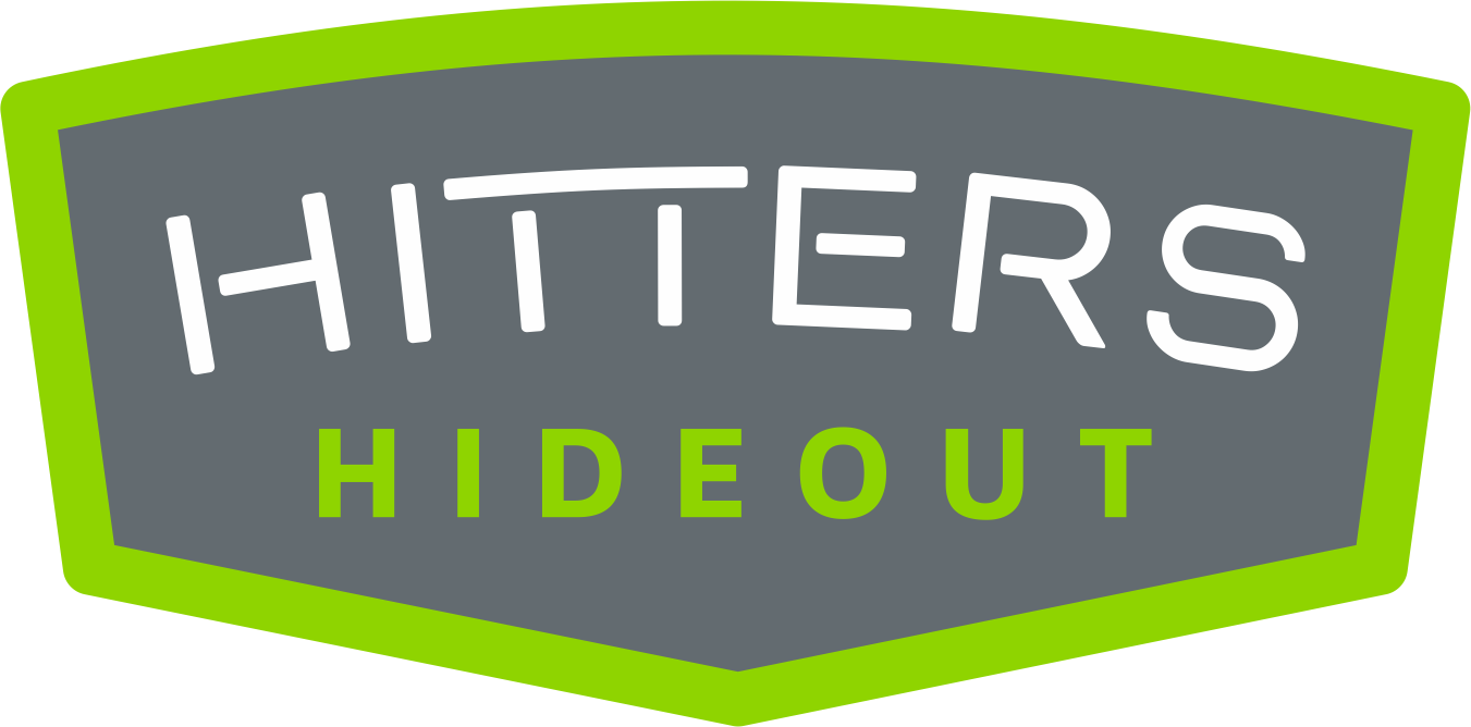 Logo for Hitters Hideout, a baseball training facility, with green and gray text and a green border.