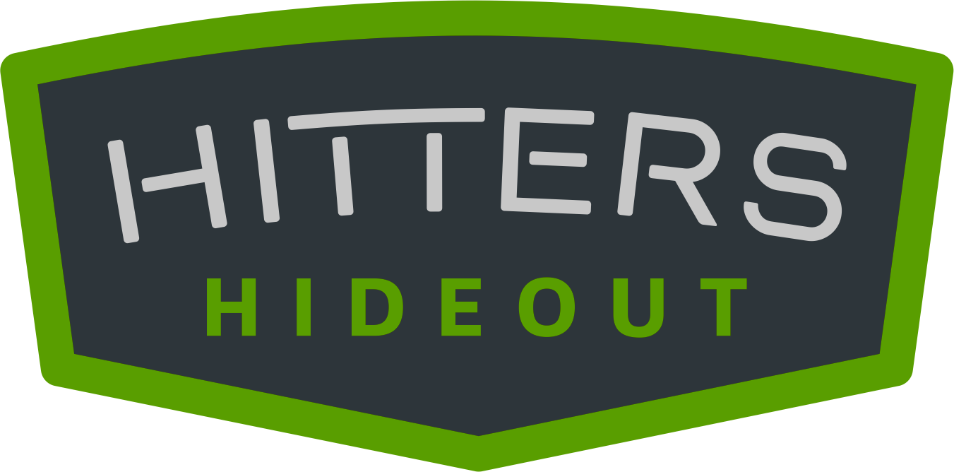 Logo for Hitters Hideout, a baseball facility, with green trim and text on a dark gray background.
