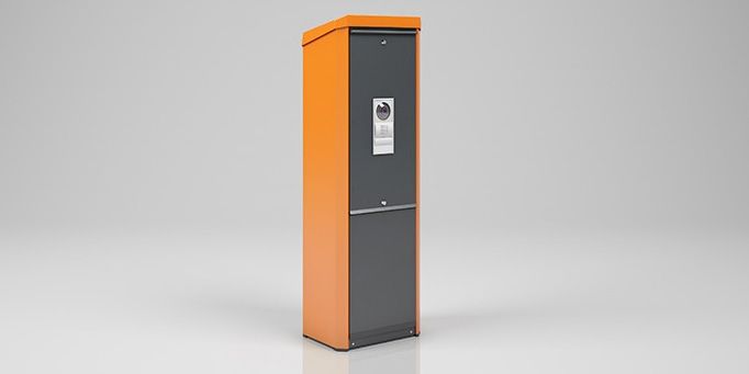 Un modelo 3D de un gabinete naranja y gris sobre un fondo blanco.