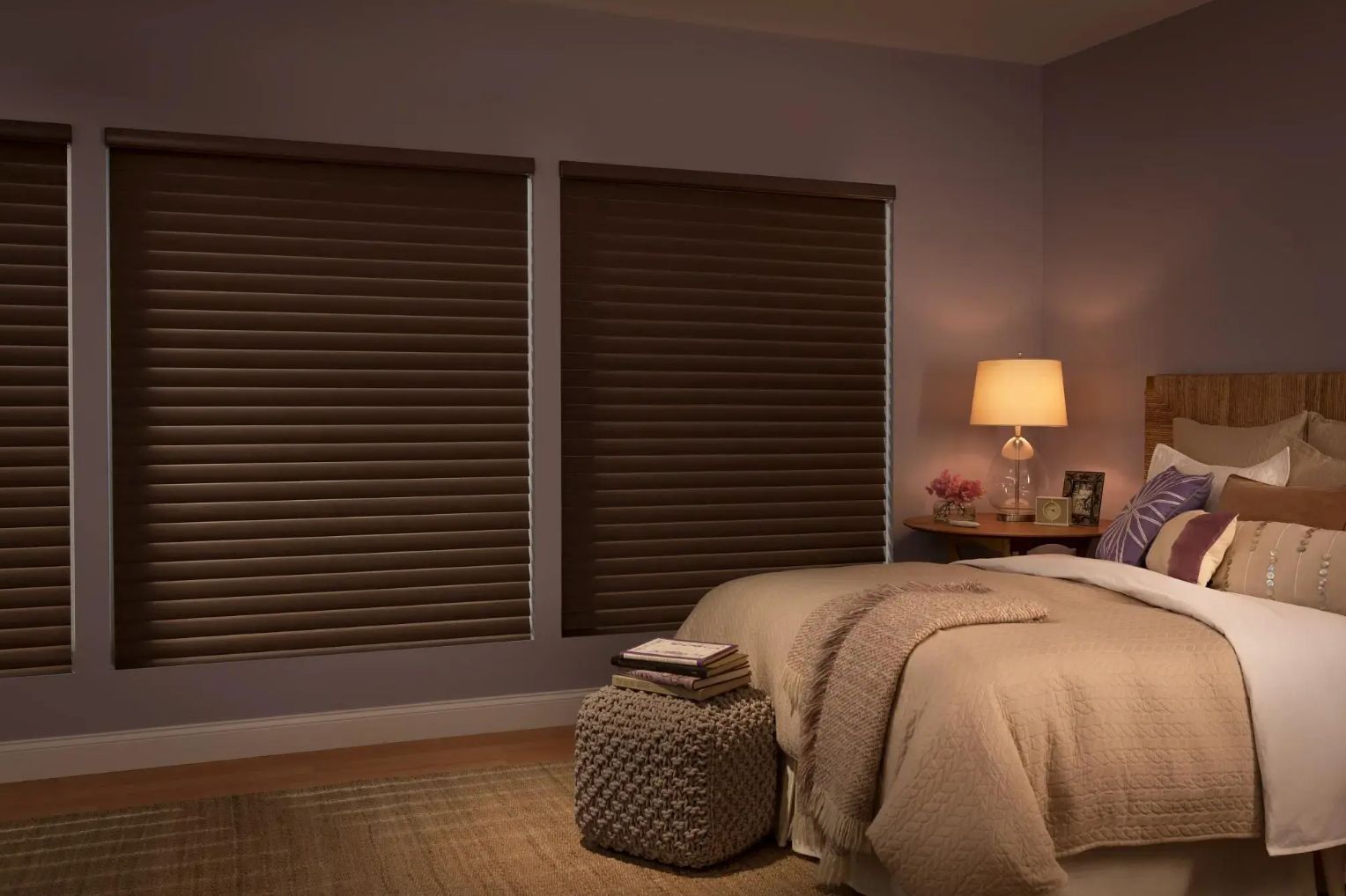 Blackout cellular shades in a modern bedroom.