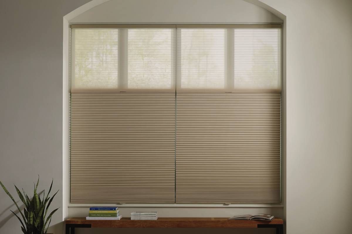 Simple, brown, top-down, bottom-up cellular shades adorning a home window near Austin, Texas (TX)
