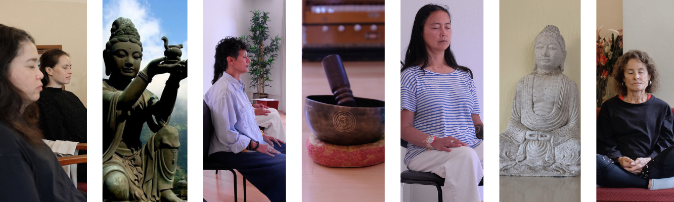 People meditating, statues, and a singing bowl, representing the practice of mindfulness and meditation.