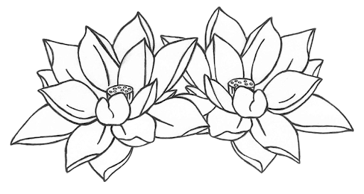 Assaya Sangha Logo of two lotus blossoms, outlined in black, arranged horizontally with surrounding leaves.