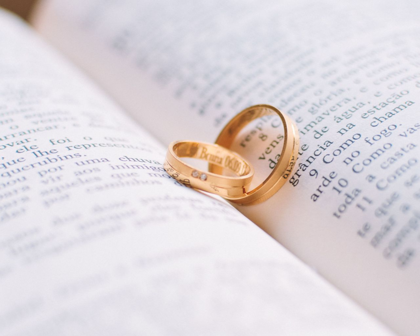 Two gold bands laying in the center of an open bible.