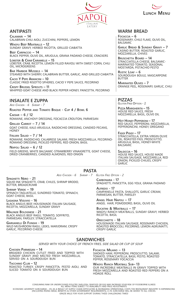 Lunch Menu — Wichita, KS — Napoli Italian Eatery
