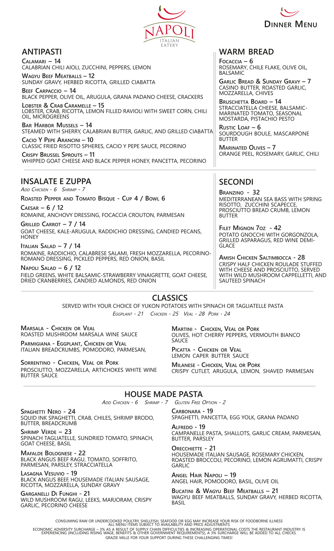 Dinner Menu — Wichita, KS — Napoli Italian Eatery