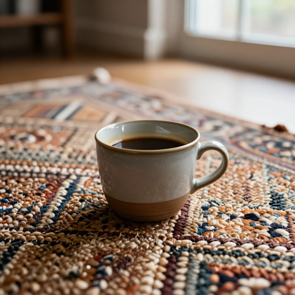 Oude koffievlek verwijderen uit tapijt, wollen vloerkleed van dichtbij