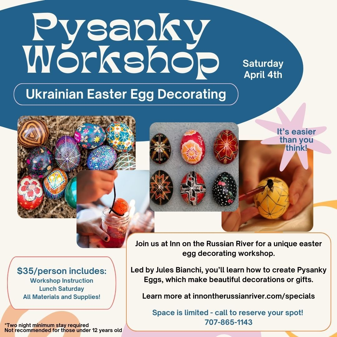 Poster for a Ukrainian Easter egg decorating workshop with colorful decorated eggs and class details