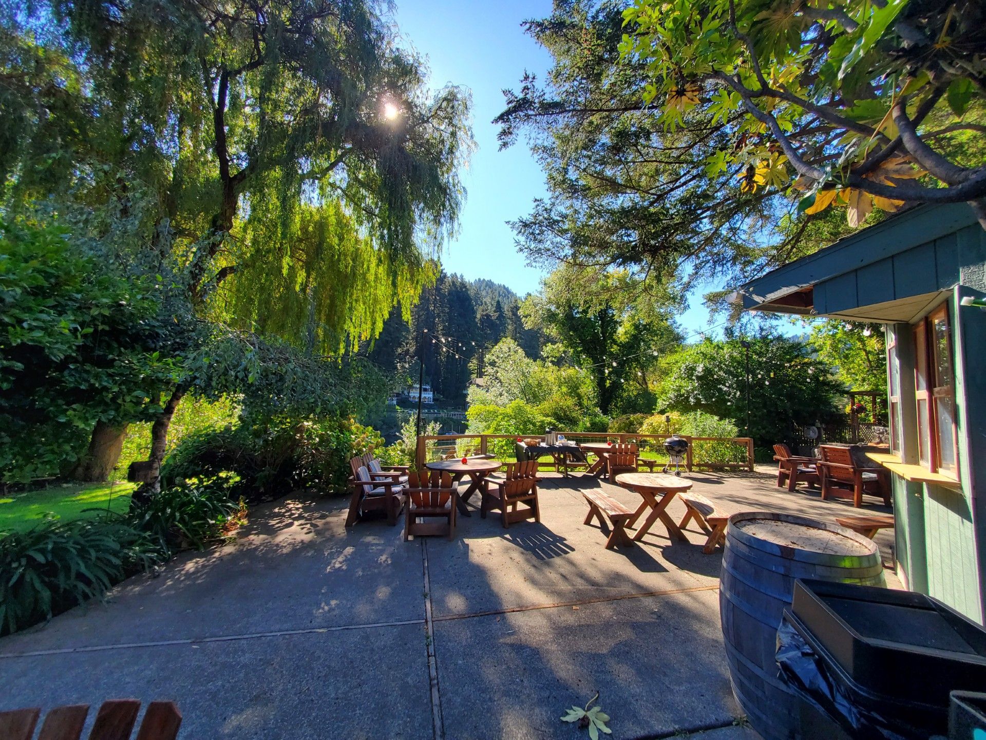 Patio dining area with wooden tables and chairs, under trees, near water, sunny day.