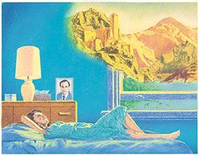 A man and a woman are standing in front of a bright light.