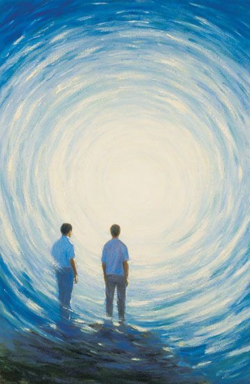 A painting of a person standing on a bridge in the sky.