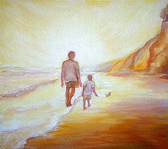 A painting of a person standing on a bridge in the sky.