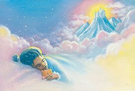 A painting of a person standing on a bridge in the sky.