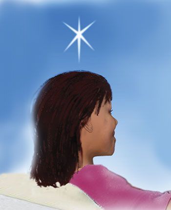 A painting of a person standing on a bridge in the sky.
