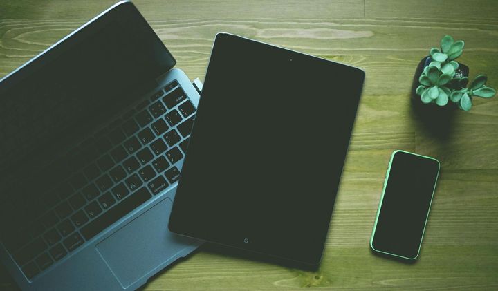 Laptop, tablet, and smartphone on a wooden desk with a small plant.