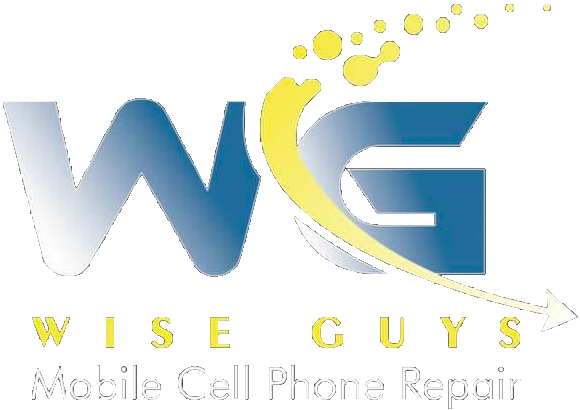 Logo for Wise Guys Mobile Cell Phone Repair: "WG" in blue gradient, yellow swoosh, and text "Wise Guys" and "Mobile Cell Phone Repair."