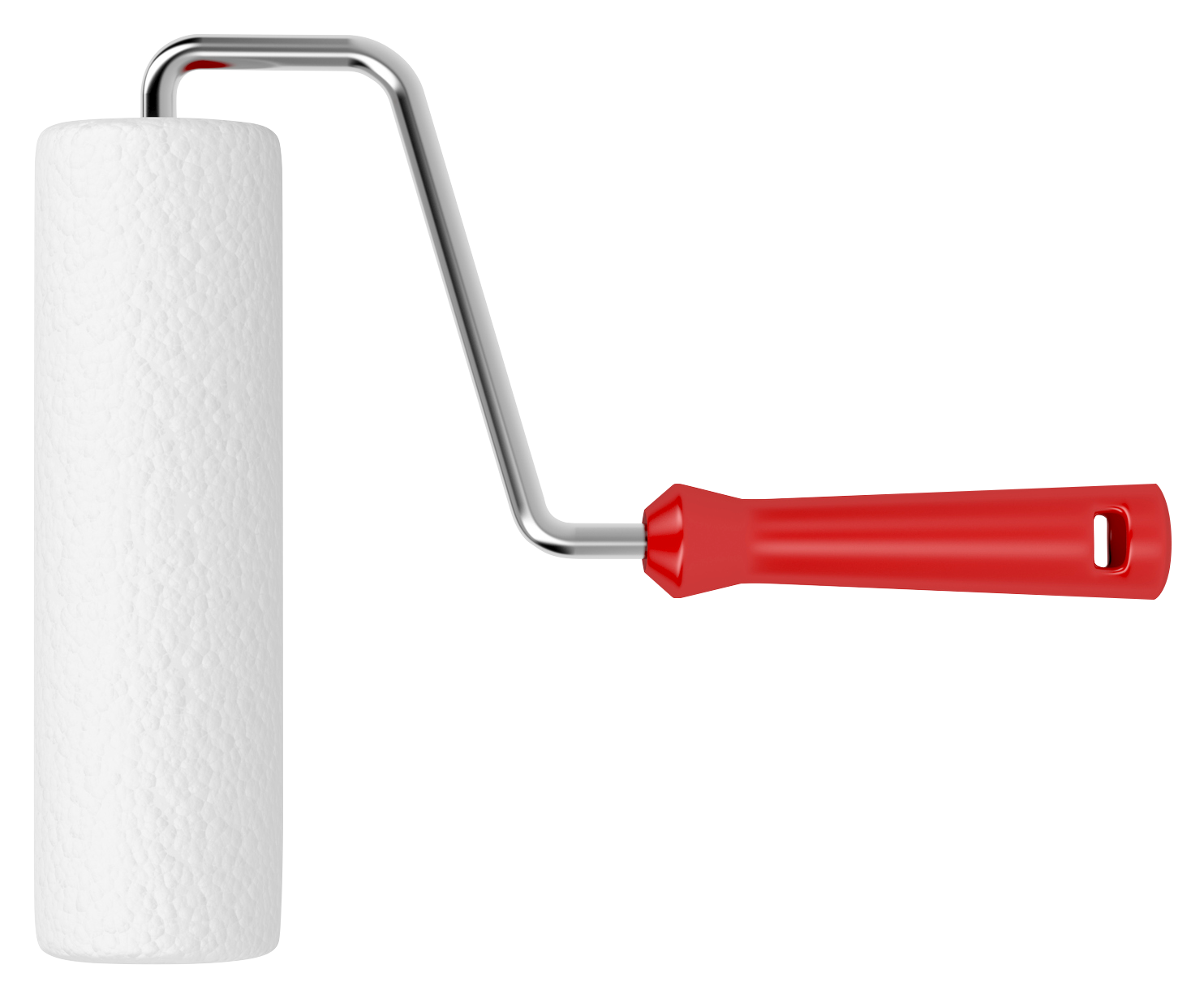 Paint roller with white fuzzy cylinder and red handle.