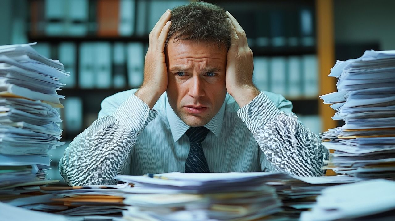 Man with hands on head, surrounded by piles of paper, looking stressed in office.