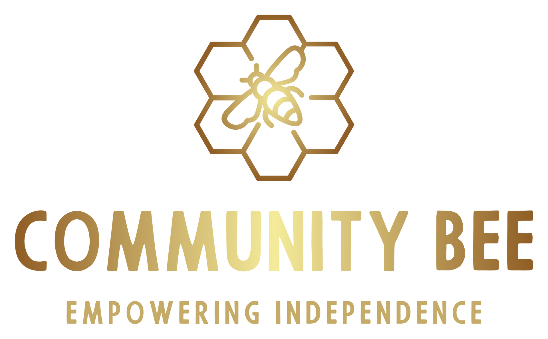 Gold bee within a honeycomb, above text