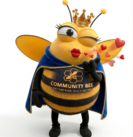 A large bee, smiling, shakes hands with a boy in a wheelchair against a colorful background.