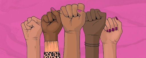 Five fists raised in solidarity against a pink background.