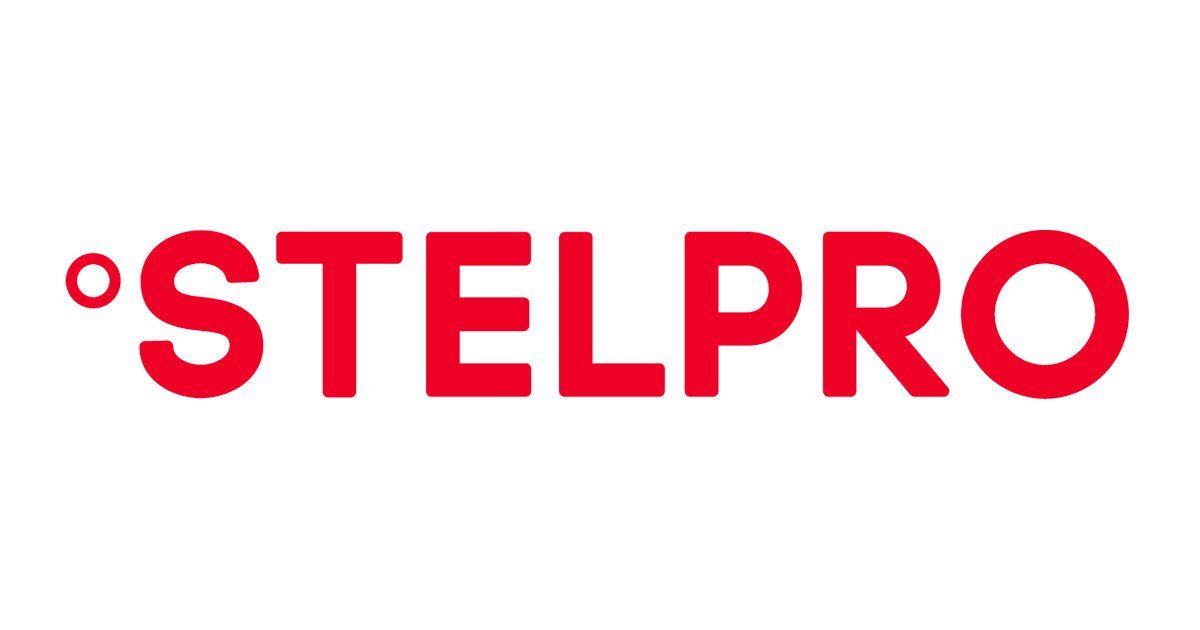 Logo rouge « STELPRO » avec un petit symbole de degré sur le « S ».